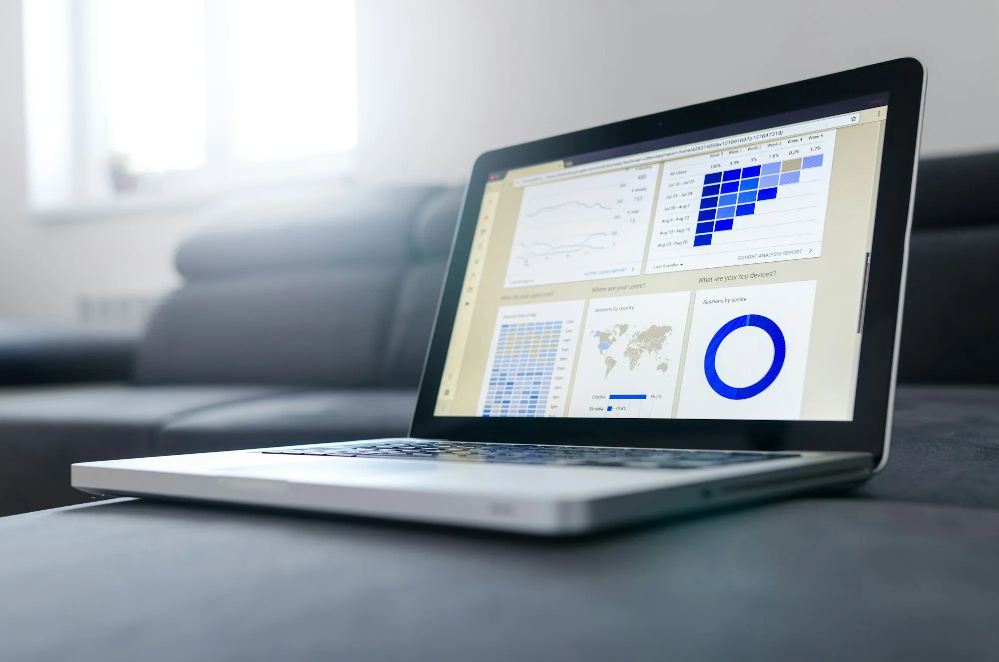 Laptop mostrando gráficas de visitas y estadísticas, representando el crecimiento en buscadores